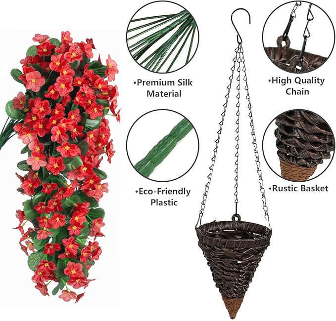 Artificial Hanging Flowers with Baskets for Winter Christmas Decor, Fake Silk Red Hanging Daisy Orchid Flowers Plants, Faux Flower Centerpieces for Home Indoor Outdoor Garden Patio