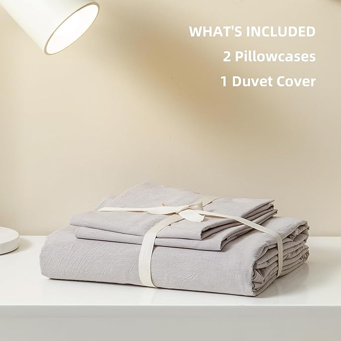 JIYUAN 100% Washed Cotton Duvet Cover Set 3 Pieces Super King, 1 Duvet Cover 108x98 Inches(Comforter Not Included) and 2 Pillowcases,Linen Feel Bedding Set Comfy and Breathable, Heathered Linen