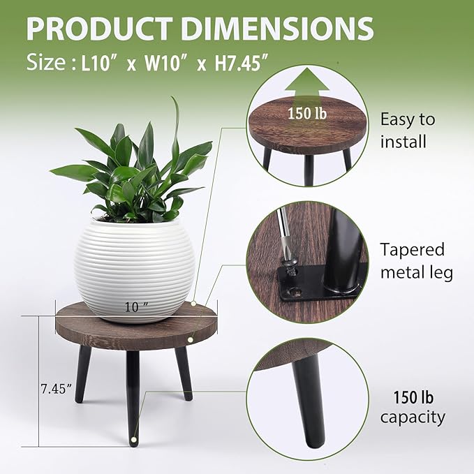 Heavy Duty Plant Stool, 10 Inch Wooden Plant Stand for Indoor Outdoor, Sturdy Metal Legs Single Plant Holder Supports 150 lbs, Fits 5-12 Inch Pots