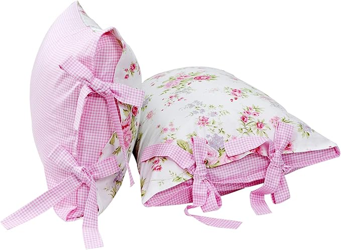 FADFAY Rose Floral Duvet Cover Set Pink Grid Cotton Girls Bedding with Hidden Zipper Closure 3 Pieces, 1duvet Cover & 2pillowcases,Queen Size