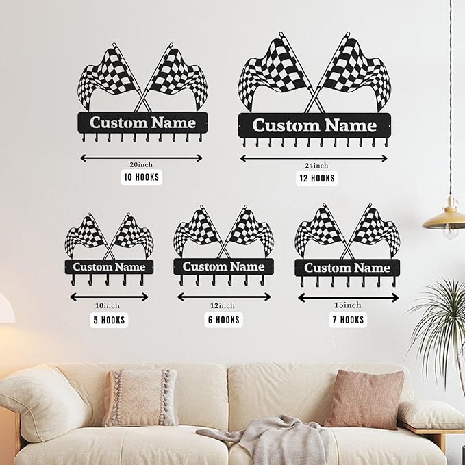 Personalized Racing Flags Key Holder, Custom Metal Checkered Flag Key Hooks with Name, Large Black Metal Wall Hooks Rack, Custom Jacket Organizer for Garage, Hallway, Entryway, Gifts for Men(8in)