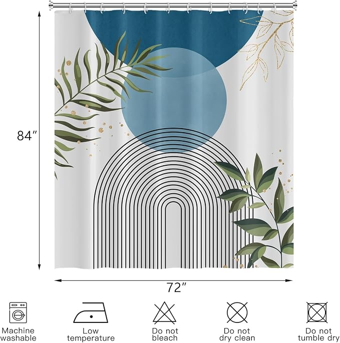 Boho Mid Century Shower Curtain, Light Blue Modern Minimalist Abstract Geometric Gold Plant Leaves Sun Arch Bathroom Curtains Waterproof Fabric Buthtub Curtain Set with Hooks 72" Wx84 L
