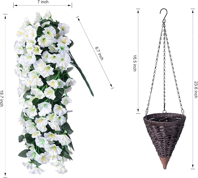 Artificial Fake Flowers Plants Hanging Baskets for Outdoor Outside Winter Christmas Decor, Faux Silk Hanging White Morning Glory Trailing Vines UV Resistant for Porch Patio Home Decoration