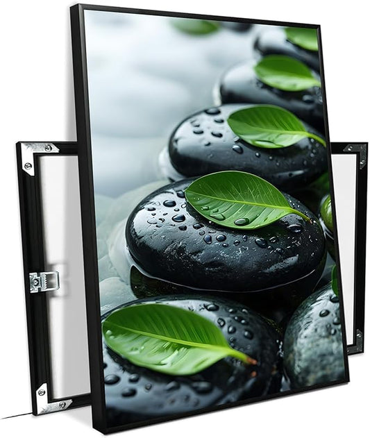 Glittering black stone cluster with fresh green leaves and water drops poster tranquil mist rain wall art zen wall art suitable for modern minimalist home decor 16x24in Metal blackFramed