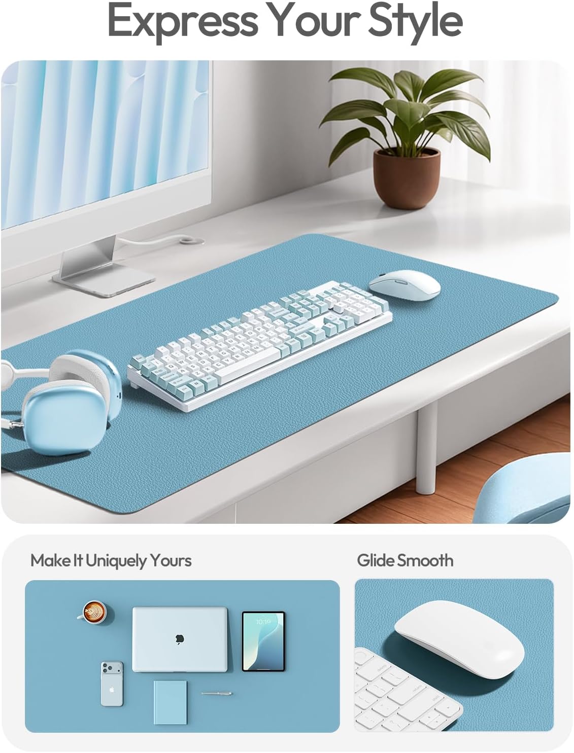 YSAGi Leather Desk Protector - Large Non-Slip PU Leather Office Mat | Waterproof Writing Pad (Sea Blue, 47" x 17")