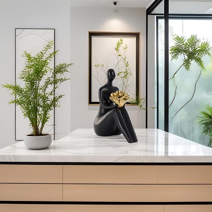 Lescafita Black Abstract Figure Statue with Golden Flowers, Modern Resin Sculpture, Minimalist Art Figurine for Home or Office Decor, Elegant Gift for Art Enthusiasts