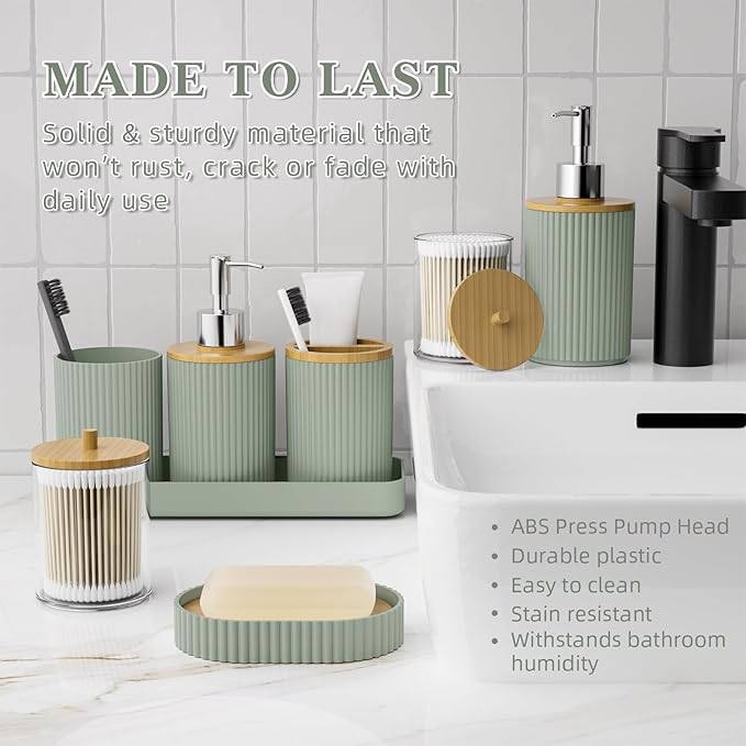 Sage Green Bathroom Accessories Set, 25 Pcs Bathroom Decor Set with Shower Curtain, Rugs, Trash Can, Soap Dispenser, Toothbrush Holder, Tumbler, Soap Dish, Storage Jars and Hooks for Guest Bath