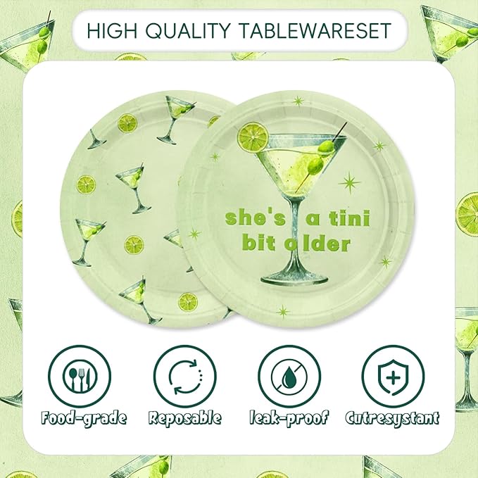48PCS Green Martini Birthday Decorations Plates,A Tini Bit Older Birthday Party Plates Napkins Forks For 16 Guests,Martini Party Decorations