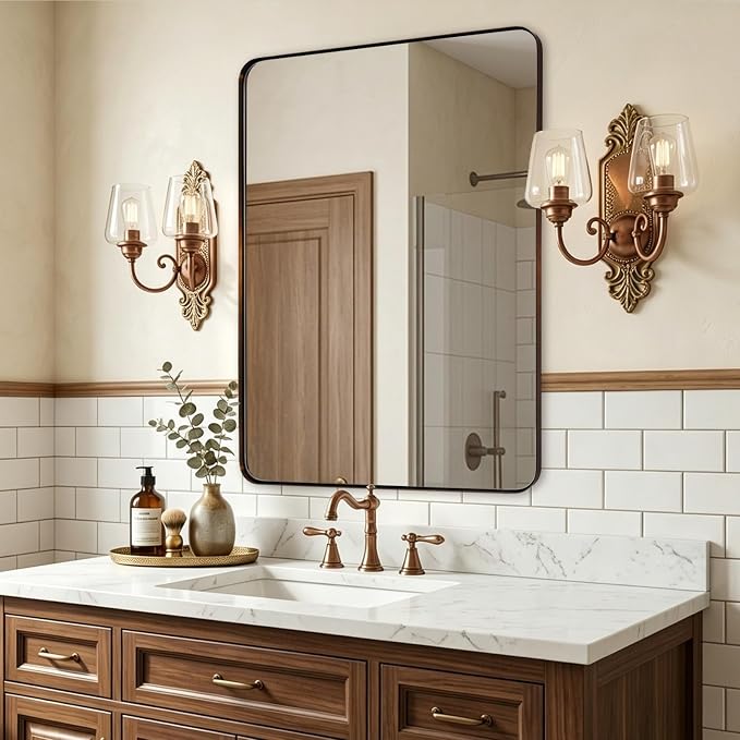 ANDY STAR Bronze Mirror for Wall, 30x36” Rounded Rectangle Bathroom Mirror, Modern Stainless Steel Metal Frame for Vanity