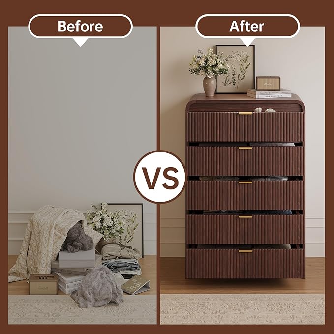 FURSUN Fluted 5 Drawers Dresser for Bedroom, 48" Tall Wooden Modern Dresser with Metal Handle, Curved Profile Design, Storage Organizer for Living Room, Hallway（Dark Walnut）