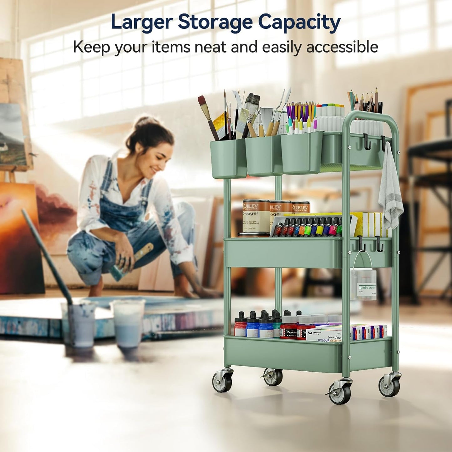 YASONIC 3-Tier Rolling Cart - Green Mesh Storage Organizer with Lockable Wheels & Hooks | 66 lbs Capacity
