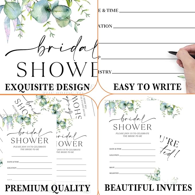 25 Set Greenery Bridal Shower Party Invitations with Envelopes, Spring Botanical Wedding Bridal Shower Party Supplies Invitation Cards-A14
