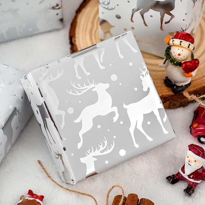MAYPLUSS Reindeer Christmas Wrapping Paper Roll - 17 Inch X 33 Feet - Silver Metallic Foil Paper - Elegant Elk Christmas Seasonal Gift Wrap Paper for Winter, Holiday, Birthday, Party Decoration
