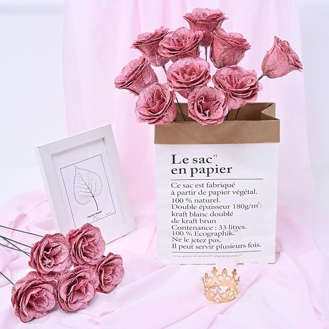 Waipfaru Glitter Roses Bouquet, DIY Fake Flowers Bouquet, Rose Gold Artificial Flower for Mothers Day Gifts, Valentines, Anniversary, Engagement, Wedding, 24 Pcs