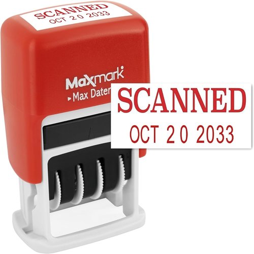 MaxMark Self-Inking Rubber Date Office Stamp - Red Ink with Scanned Phrase & 12-Year Band