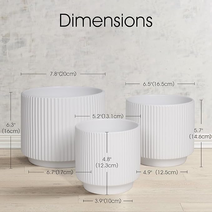 Oakrain Plant Pots Set of 3 with Vertical Stripes 7.8/6.5/5.2 inch, Modern Decorative Planters for Indoor Outdoor Plants, Garden Flower Pot with Drainage Holes, Ceramic White