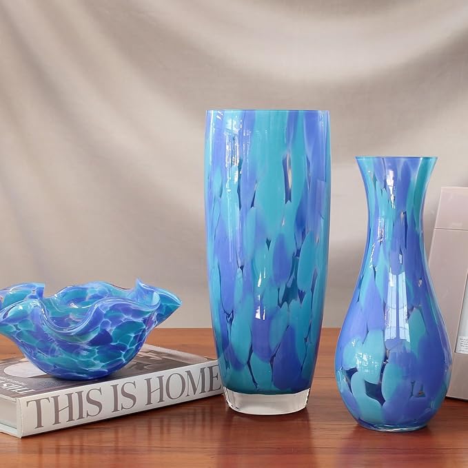 Ca D Oro Glass Vase Blue Confetti Effect Hand Blown Murano-Style Art Glass for Flower, Room Decoration and Centerpiece - Model Nº 83