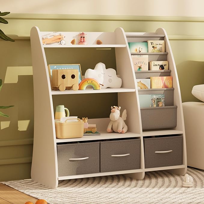 NACHES Kids Bookshelf and Toy Storage Organizer, Montessori Nursery Book Shelves with Sling Rack & Fabric Toy Bins, Toddler Baby Bookcase, Wooden Toy Shelf for Kids Room, Playroom, Sail-White