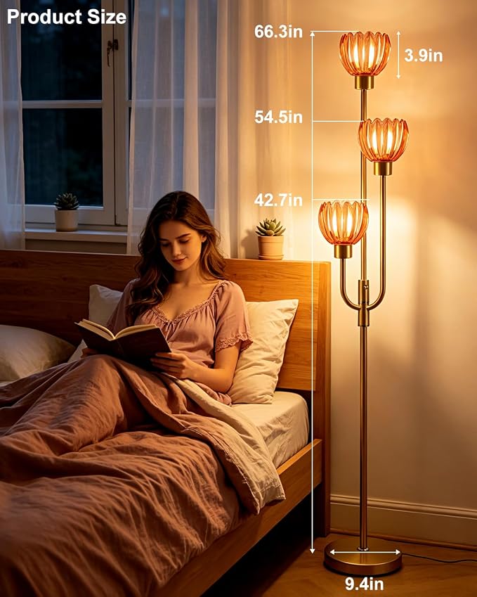 Lightdot 3-Lights Modern Glass Floor Lamp Gold Dimmable Floor Lamps with 3000K Warm White Bulbs for Wedding Party 66IN Tall Standing Lamp with Deep Red Glass Shade for Living Room/Bedroom/Home Decor