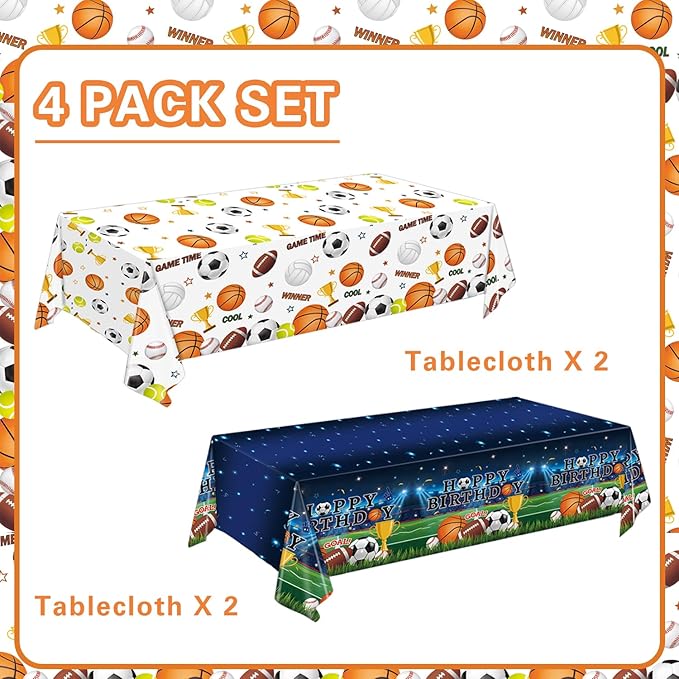 4 Pack Sports Tablecloths, 54 x 108 Inch, Multicolor, Rectangular, Plastic, Sports Party, Spill Resistant, Wipe Clean