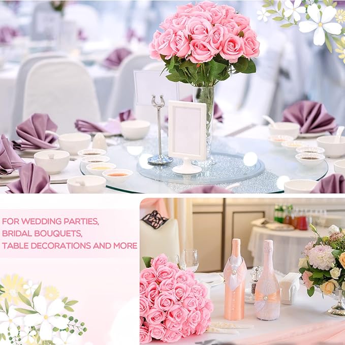 Jexine 50 Pcs Artificial Rose Flower Bulk Realistic Silk Fake Roses with Long Stem Plastic Artificial Flower Bouquet Real Looking for Home Wedding Centerpieces Party Decoration(Pink)