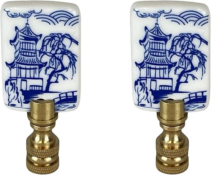 Royal Designs, Inc. Porcelain Chinese Garden Design Finial for Lamp Shade, Polished Brass, Blue & White, Pack of 2