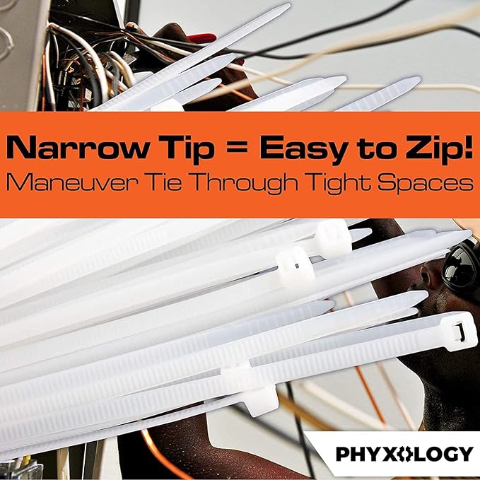 Heavy Duty, Strong 10-Inch Zip Ties and Reusable Label Boxes 50 Pk. Box Attaches to Sturdy Cord Bundler for Desk, PC and Desktop Cable Management. Great White Organizer for Cables, Wires and Equipment
