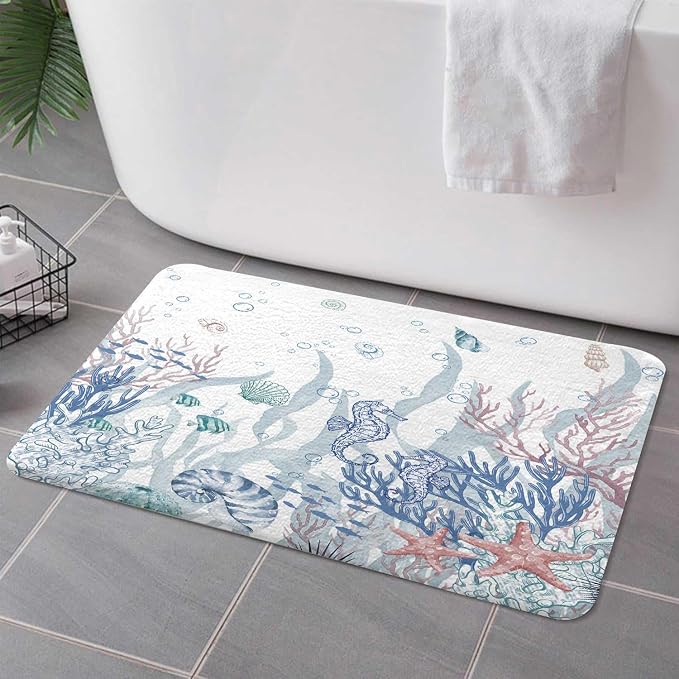 Nautical Coastal Bath Rugs for Bathroom, Ocean Themed Coral Seashell Beach Starfish Seahorse Non Slip Flannel Bathroom Rug, Dry Fast Water Absorbent Bath Mats, 17x29 Inch