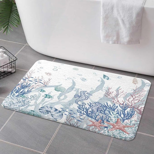 Nautical Coastal Bath Rugs for Bathroom, Ocean Themed Coral Seashell Beach Starfish Seahorse Non Slip Flannel Bathroom Rug, Dry Fast Water Absorbent Bath Mats, 17x29 Inch