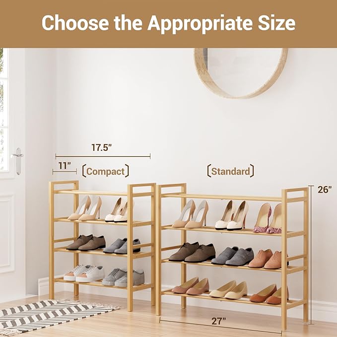 Haddockway Bamboo Shoe Rack for Closet, Free Standing Shoe Organizer with Smooth Round Rods & Convenient Handles, Stackable Shoe Storage Shelf for Entryway, Hallway(Natural, 4-Tier)