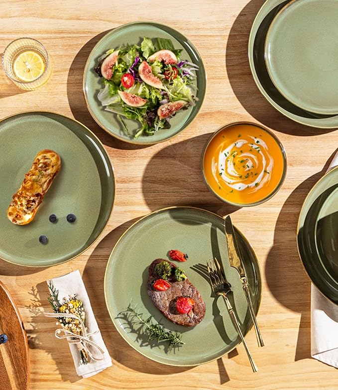 TheTerra Ceramic Dinnerware Sets for 6, 18 Pieces Handmade Reactive Glaze Plates and Bowls Set, Scratch Resistant Dish Set, Oven & Microwave & Dishwasher Safe, Sage Umber