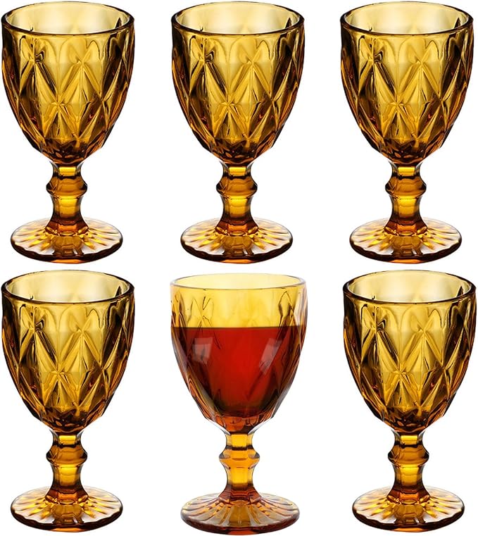 Taganov Amber Wine Glasses set of 6 Vintage Glassware Drinking Goblets 10 oz for Wedding Party Bar Pretty Colored Water Red Drinking Glasses