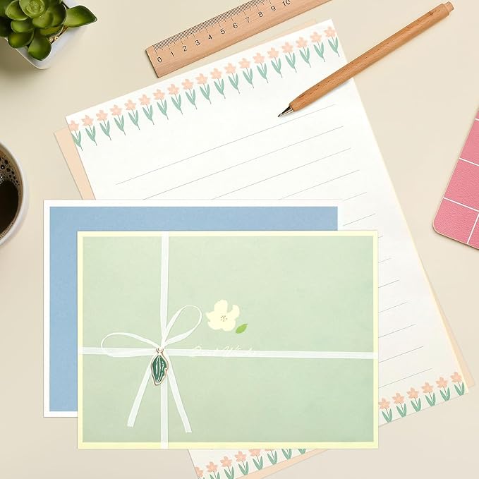 KSIWRE 48 PCS Stationery Paper and Envelopes Set,Cute Floral Stationary Set for Writing Letters,Double Sided Printing,Letter Writing Kit