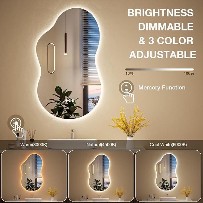 Irregular Cloud Backlit Bathroom Mirror 20x36 Inch, LED Vanity Mirror with Lights Anti-Fog, Dimmable 3 Colors, 4mm Tempered Glass, Horizontal/Vertical Wall Mount for Bathroom or Makeup Area