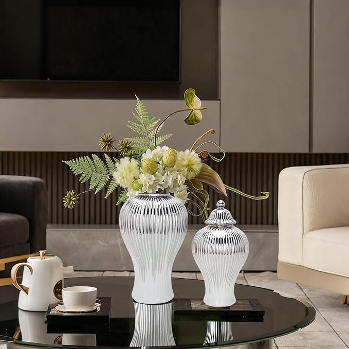 Ginger Jar, White Gold Ceramic Vase Large Handmade Porcelain Vases with Lid, White Gold Decorative Flower Vase for Home, Living Room, Weddings, Centerpieces (B-Silver-Medium)