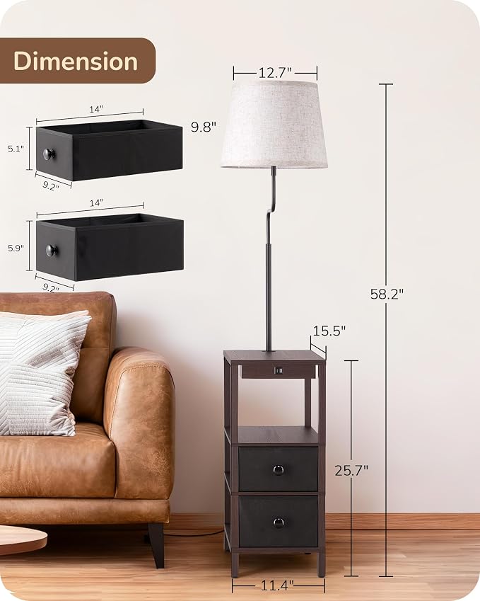 EDISHINE Floor Lamps for Living Room, Dimmable Bedside Floor Lamp with Table and 2 Shelves, USB-A+Type-C Port, Farmhouse Standing Light for Bedroom, Den, Office with Bulb, Dark Walnut