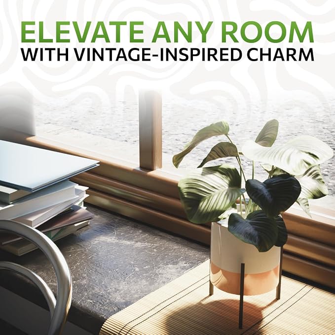 23 Bees Mid-Century Modern Ceramic Planter with Plant Stand Indoor Decorative Plant Pot with Stand in Earthy Beige and White Glaze, Black Metal Stand (Large 16 inch plant pot, Three sizes) (Small)