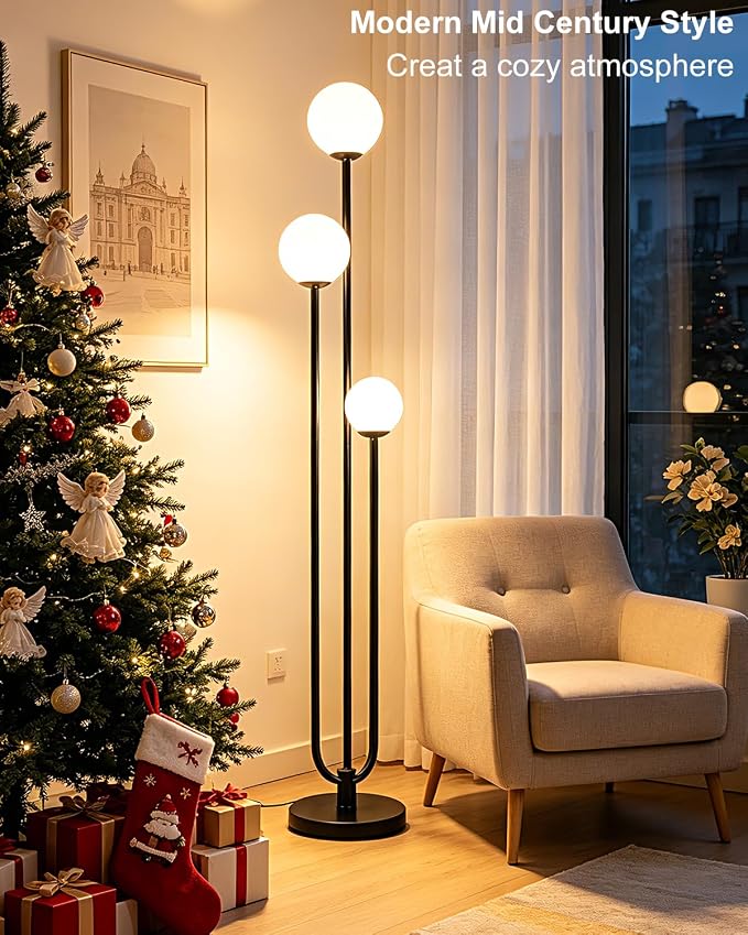 63IN 3-Light Dimmable Floor Lamp, Unique Black Tall Standing Lamps with 3000K Bulbs for Reading, Mid Century Modern Floor Lamp with 5Lbs Heavy Base for Living Room Bedroom Office