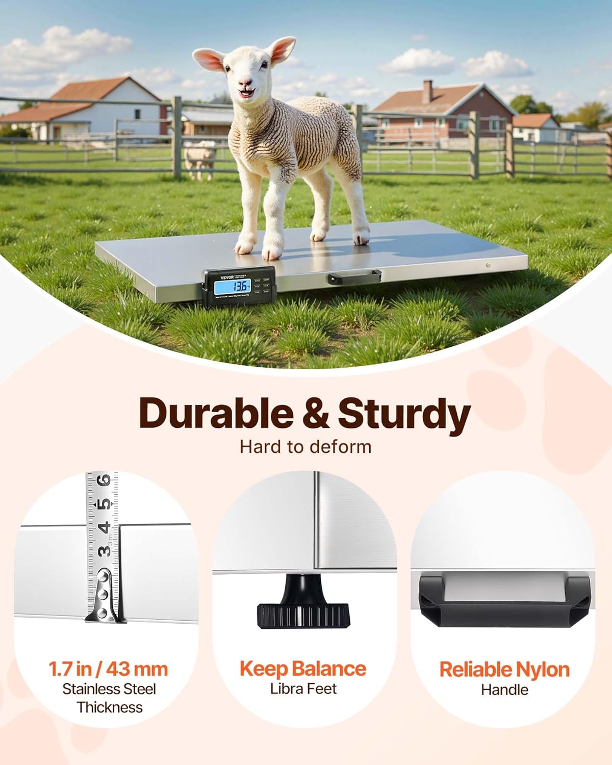 VEVOR Livestock Scale - 880Lbs Capacity, Large Stainless Steel Platform 40.6"x20.9" for Pets & Animals