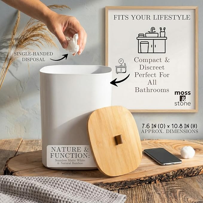 Moss & Stone 6-Piece Bathroom Accessories Set – White Plastic and Bamboo Bathroom Set with Soap Dispenser, Toothbrush Holder, Cup & Soap Dish – Modern Countertop Bathroom Décor