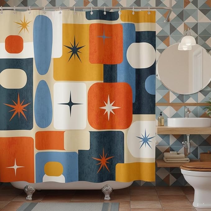 Mid-Century Modern Geometric Shower Curtain, Retro 1950s Atomic Starburst & Abstract Shapes, Vintage Orange Navy Blue Mustard Yellow Aesthetic Bathroom Decor, Waterproof Fabric, 72x72 Inch.