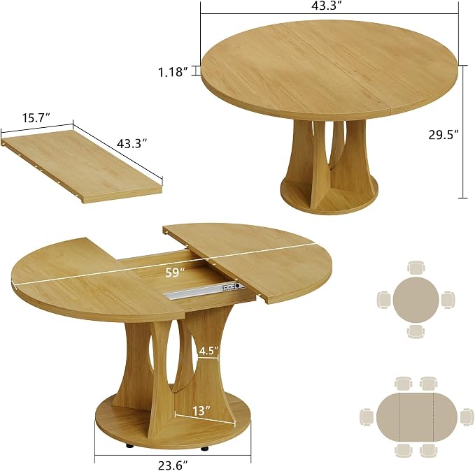 Einhomn 43-59" Extendable Round Dining Table, Kitchen Table for 4-8, Farmhouse Circle Dining Room Table with Removable Leaves,Hidden Storage, Space Saving Wood Kitchen & Dining Room Furniture, Oak