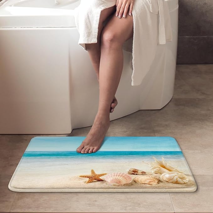 Britimes Bath Mat for Bathroom, Blue Beach Starfish Sea Washable Cover Floor Rug Carpets Floor Mat Bathroom Decorations 18x30 Inches for Kitchen Bedroom Indoor