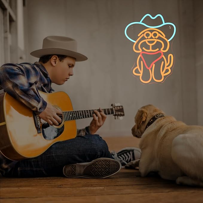 Cowboy Dog Neon Sign for Wall Decor Dog with Cowboy Hat Led Light Sign for Pet Shop,Bedroom,Wall,Home,Western Party Decor Gift for Children Lover Dimmable Animal Neon Signs