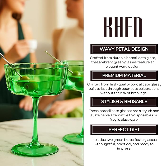 Flower Scalloped Vintage Wavy Petals Wave Glass Coupes 7oz Colorful Martini, Champagne & Cocktails, 2 Sage Green Set Amber Rippled Champagne Glasses, Elegant Bar Glassware, Aesthetic Coupe Glassware