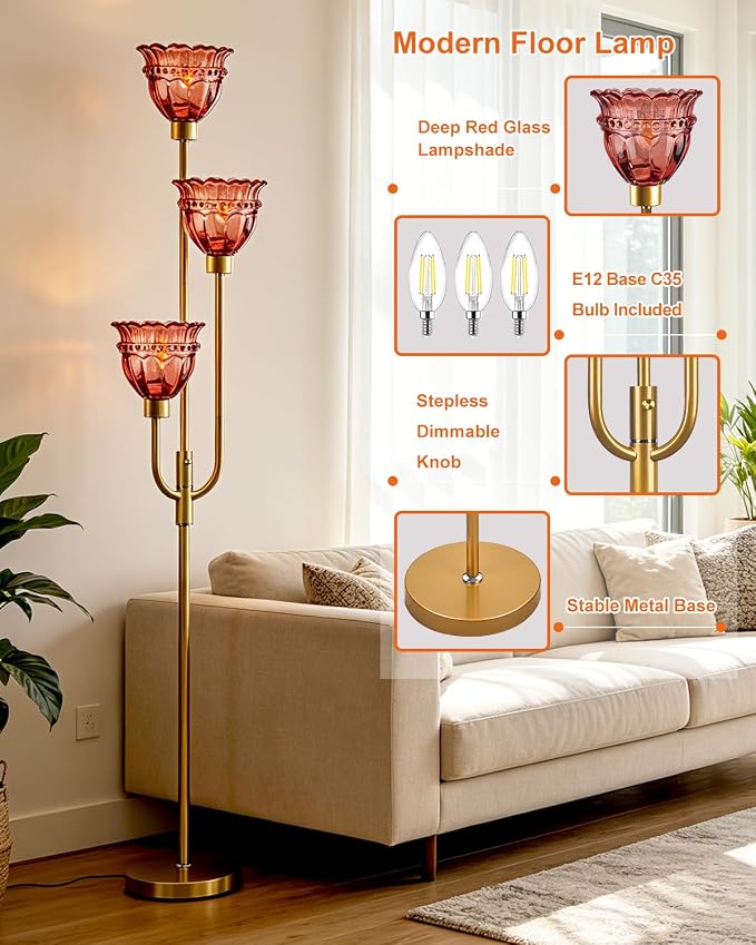 Lightdot 66IN 3-Lights Modern Glass Floor Lamp Gold Dimmable Floor Lamps with 3000K Warm White Bulbs for Wedding Party Tall Standing Lamp with Deep Red Glass Shade for Living Room/Bedroom/Home Decor