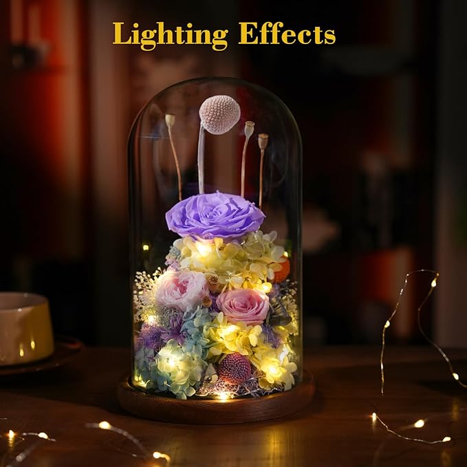 Flowers for Delivery - Forever Flowers Rose in Glass Dome with LED Lights, Large Size Preserved Roses Gifts for Women, Mom, Wife, Friend -Birthday, Anniversary, Valentine's Day Gift (Purple+Pink)