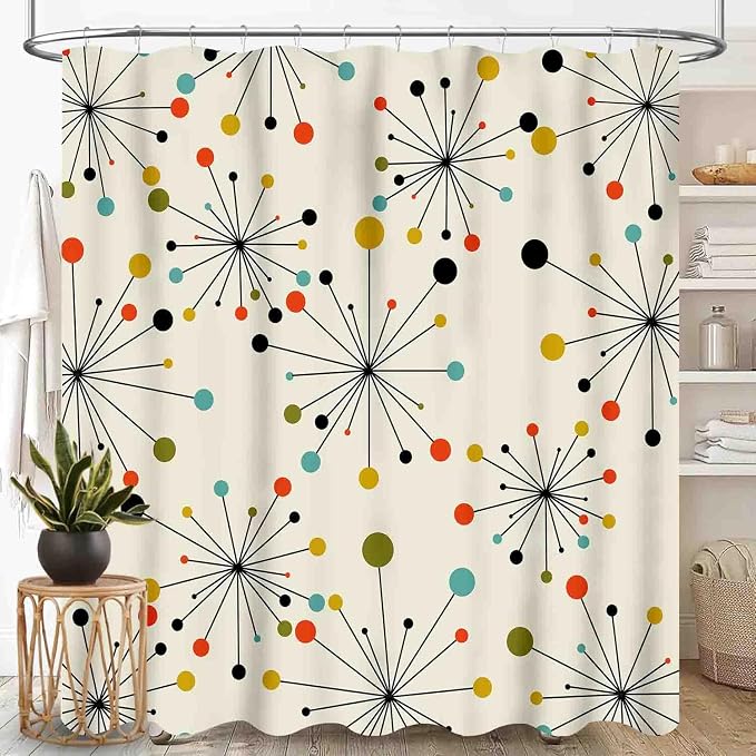 Mid Century Modern Shower Curtain, Geometric Atomic Abstract Iconic Pattern 1950s 1960s Retro Style Art Pastel Waterproof Fabric Bathroom Shower Curtain Set with Hooks,72"x84" Inch