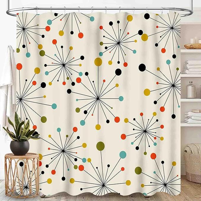 Mid Century Modern Shower Curtain, Geometric Atomic Abstract Iconic Pattern 1950s 1960s Retro Style Art Pastel Waterproof Fabric Bathroom Shower Curtain Set with Hooks,72"x72" Inch
