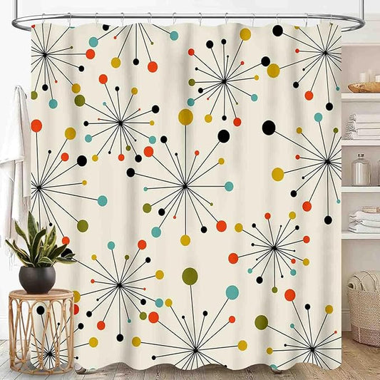 Mid Century Modern Shower Curtain, Geometric Atomic Abstract Iconic Pattern 1950s 1960s Retro Style Art Pastel Waterproof Fabric Bathroom Shower Curtain Set with Hooks,72"x72" Inch
